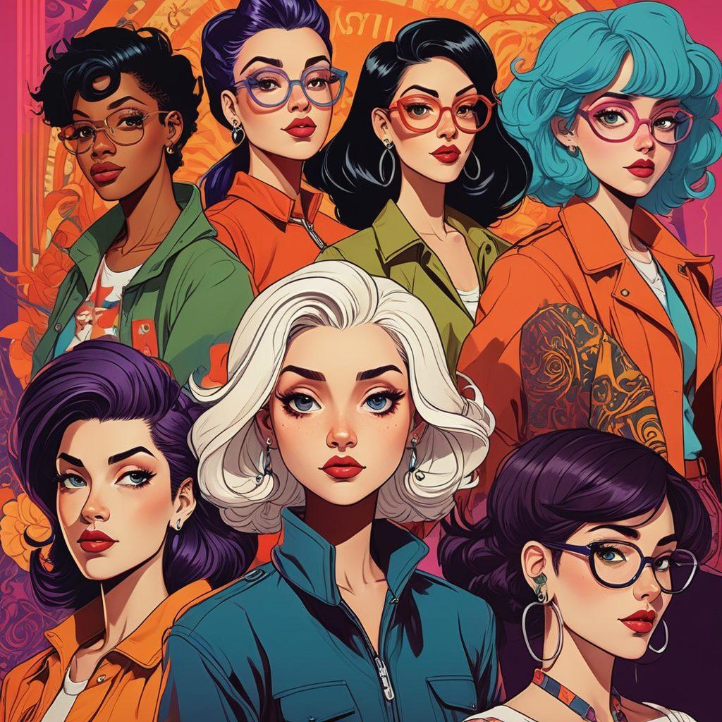 A vibrant collage showcasing the evolution of adult animation, featuring iconic characters from various subcultures, like edgy indie styles, retro cartoon aesthetics, and modern sleek designs. Include elements representing diverse themes and humor, with a blend of vintage and contemporary animation styles. The background should be colorful, layered, and dynamic to reflect the transition from outcasts to mainstream. super-realistic. vibrant colors. dynamic composition.