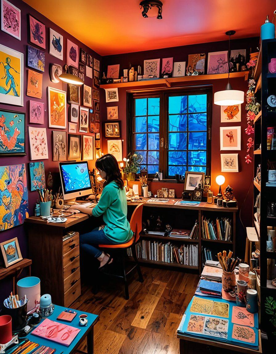 A vibrant, imaginative scene depicting an artist’s studio filled with colorful sketches and paintings inspired by hentai culture. Incorporate whimsical characters in playful poses, surrounded by art supplies like paintbrushes and ink bottles. Include elements of creativity such as canvases showcasing both erotic and artistic forms. The ambiance should be lively, with warm lighting and a touch of fantasy. 3D. vibrant colors. surreal art.